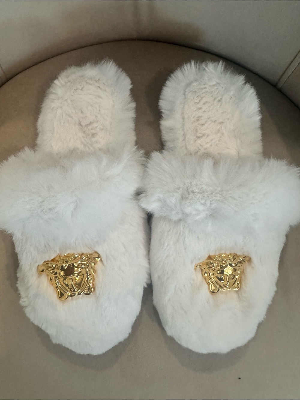 Plush White Faux Fur Slide Slippers with Gold Emblem